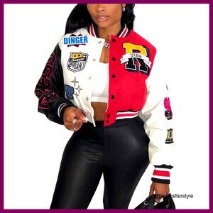 Cropped Bomber Leather Jacket with Patches Print Y2K Varsity Style S-XXL